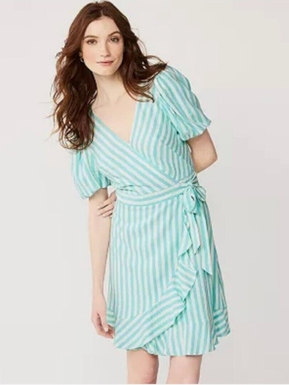 Draper James RSVP Striped Wrap Linen Blend Dress in Aqua and White Medium M
